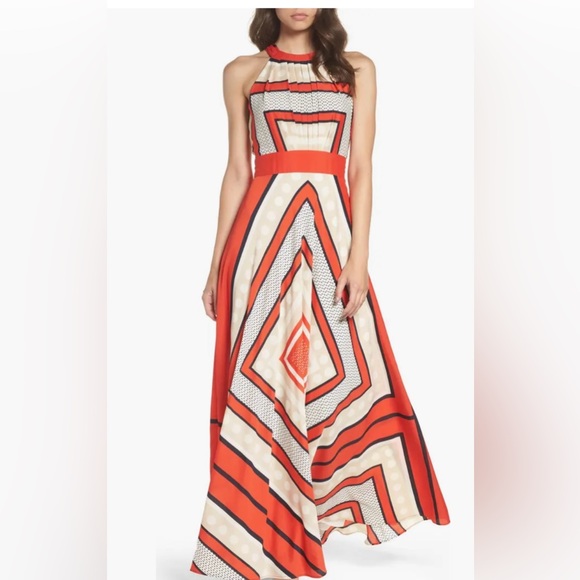 Eliza J Dresses & Skirts - Eliza J Scarf Boho Halter Maxi Dress Red Beige Abstract Geometric Design Size 10